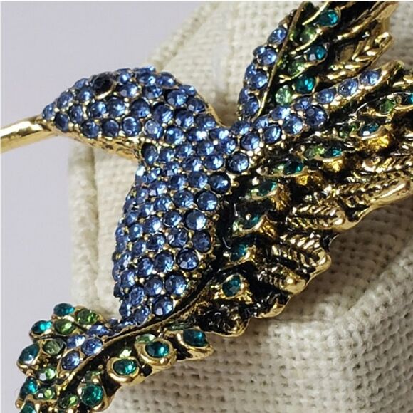 Blue & Green HUMMINGBIRD Crystal Embellished Brooch Pin - Picture 2 of 7